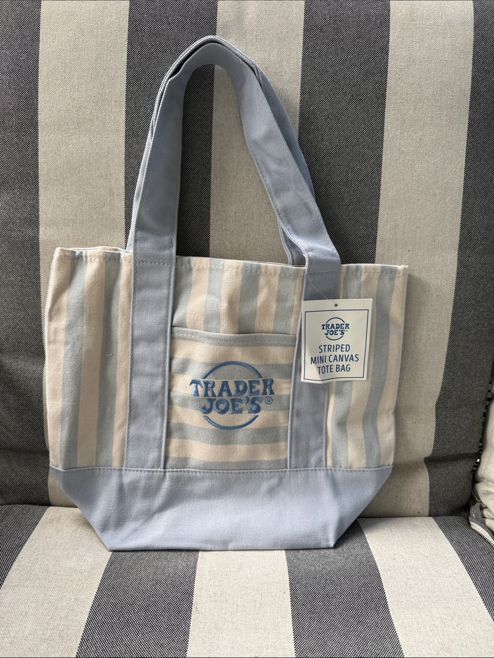 Trader Joe's Blue and Cream Striped Canvas Tote Bag